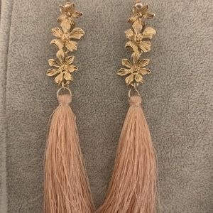 Gold flower earrings with pink fringe